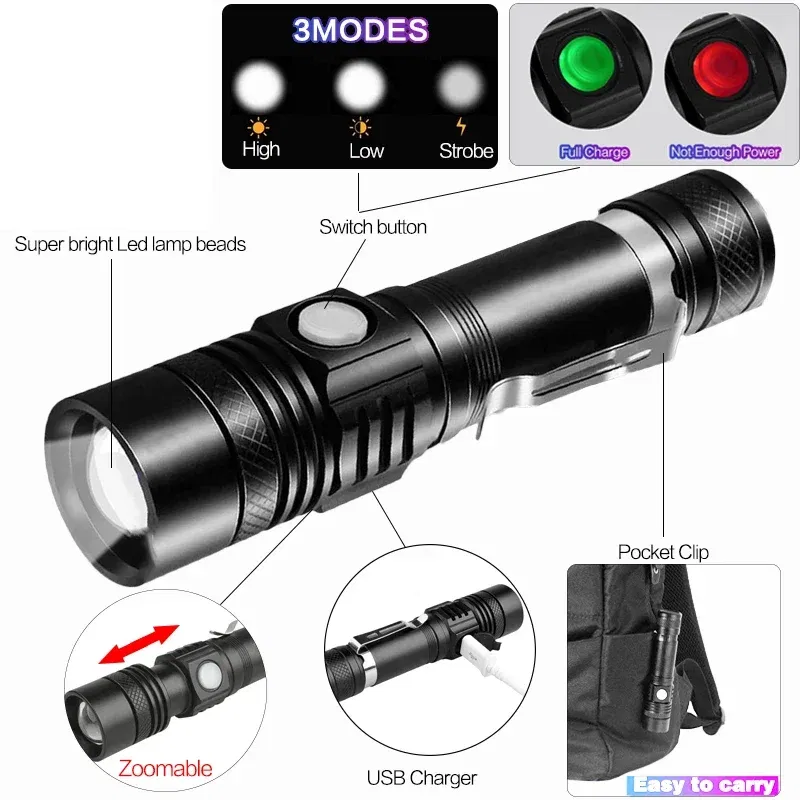 Emitting Color: Blue - Ultra Bright Flashlight USB Linterna LED Torch Lanterna Power Tips Bicycle Light Rechargeable Use 18650