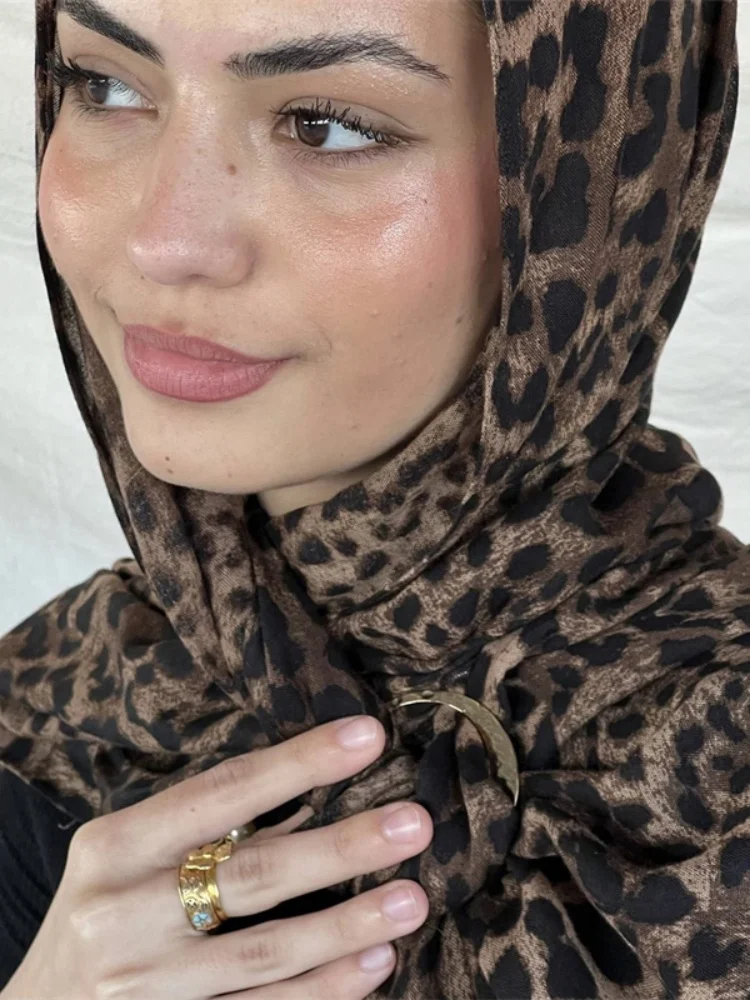 Color: ROSE RED - 1Pcs Ramadan Hijab Leopard Print Women Bohemian Watercolor Soft Muslim Hijabs Floral Breathable Shawl Wrap Scarf Headscarf Warm