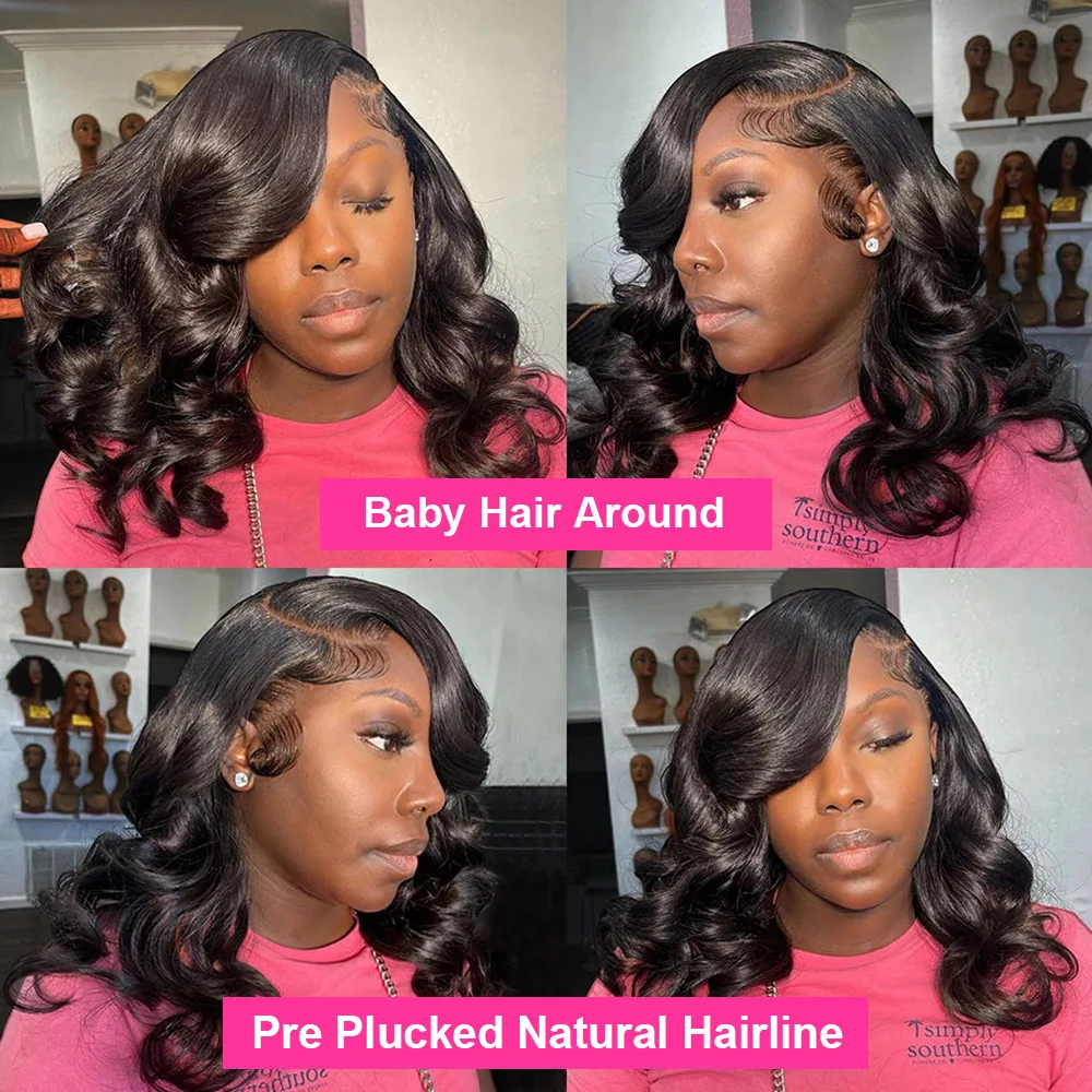 Hair Color: #1B, Ships From: United States, Stretched Length: 14inches, Density: 180% - 7x5 Glueless Ready To Wear And Go Pre plucked 180 Density Body Wave Short Bob Human Hair Wigs 13x4 Lace Frontal Human Hair Wig