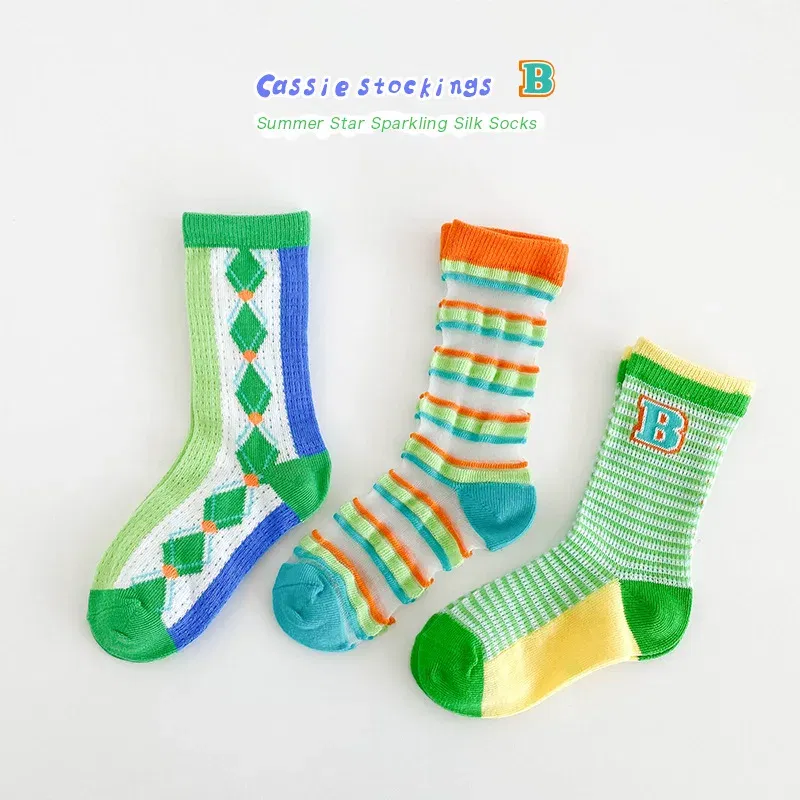 Color: Gold, Size: 2-3T - Boys Summer Socks Girls Thin Socks Trendy Pattern Crew Socks Children Socks 3 Pairs