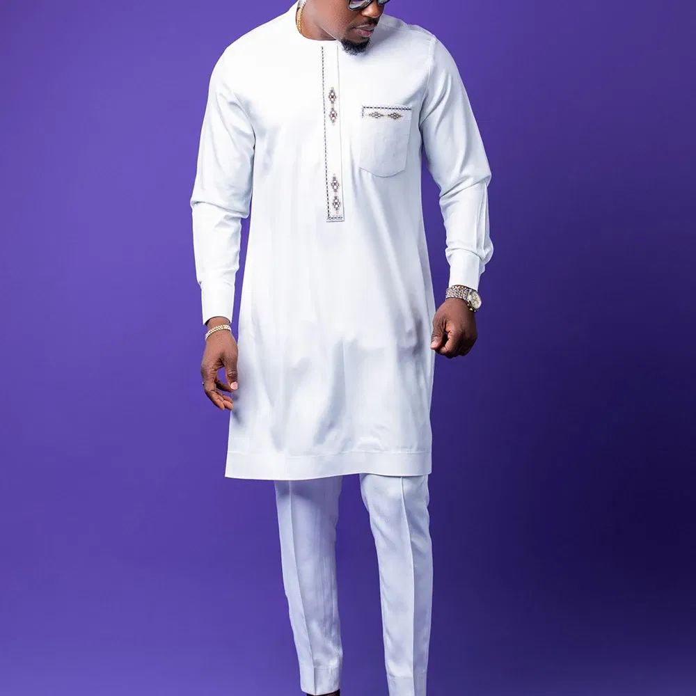 Color: SKY BLUE, Size: M - 2024 New African Traditional Men's Set Elegant and Fashionable Men's Suit Casual Embroidery Two Piece Set Men's Suit Kaftan