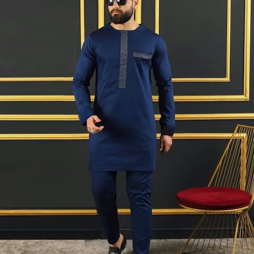 Color: SKY BLUE, Size: M - 2024 New African Traditional Men's Set Elegant and Fashionable Men's Suit Casual Embroidery Two Piece Set Men's Suit Kaftan