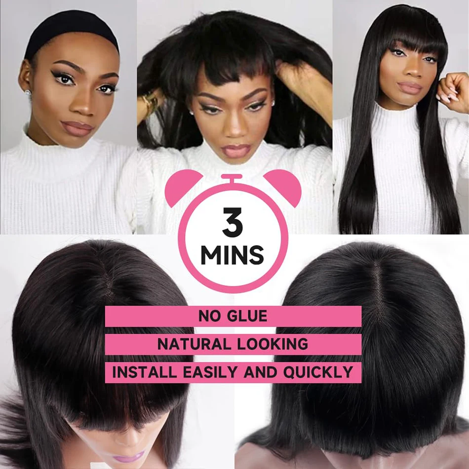 Stretched Length: 12INCHES, Hair Color: #1, Density: 180%, Ships From: CHINA - Wiggogo 3X1 Middle Part Lace Wig Bone Straight Human Hair Wig With Bangs Full Machine Made Straight Human Hair Wigs For Women