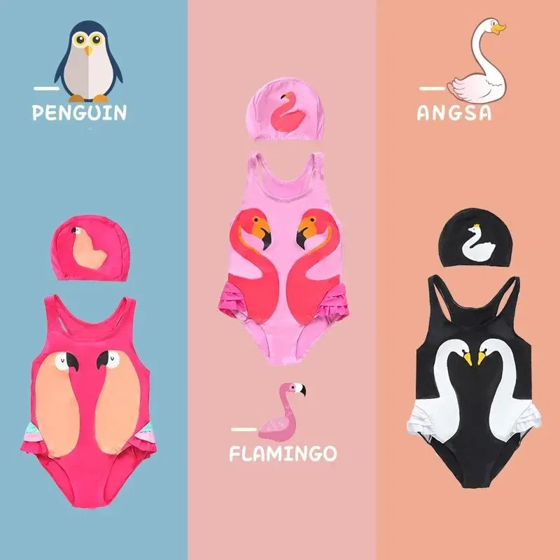 Size: M, Color: Black - Summer Girls Swimsuit Children Korean Cartoon One-piece Children Hot Spring Triangle Set With Swimming Cap