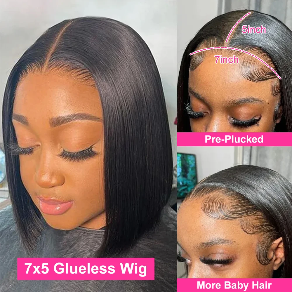 Hair Color: #1, Ships From: CHINA, Stretched Length: 12INCHES, Density: 180% - Wear And Go Glueless Bob Wig Human Hair 7x5 HD Lace Closure Human Hair Pre Plucked No Glue Pre Cut Ready To Wear Frontal Wig