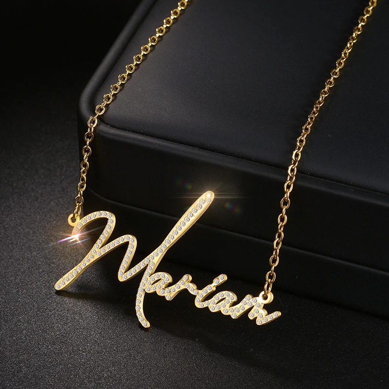 Metal Color: Rhodium Plated, Length: 35cm - Auxauxme Custom Crystal Zircon Name Necklace for Women Stainless Steel Personalized Nameplate Golden Pendant Choker Jewelry Gift