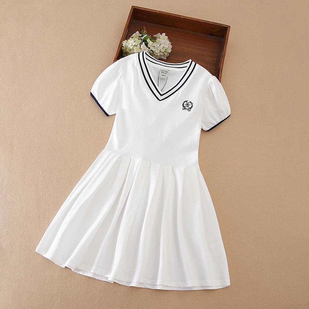 Color: Blue, Kid US Size: 10T - Girls' White Summer Dress V-Neck Polo Pleated Dress for School 5-12 Years Girls Clothing