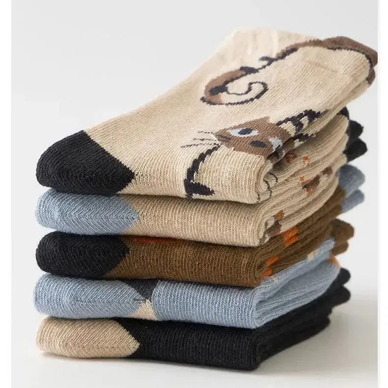 Color: Beige, Size: 7-9T - 5 Pairs Children's Socks Cotton Socks Autumn Cartoon Pattern Medium Socks Kids Boys Girls A ClassSocks