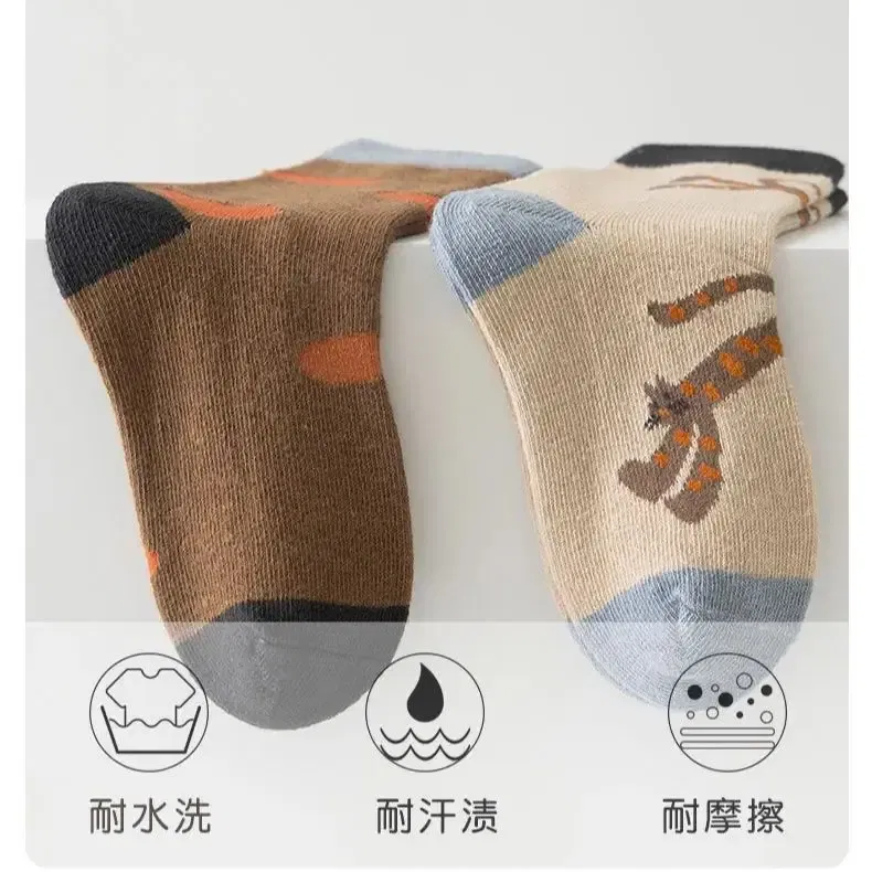Color: Beige, Size: 7-9T - 5 Pairs Children's Socks Cotton Socks Autumn Cartoon Pattern Medium Socks Kids Boys Girls A ClassSocks