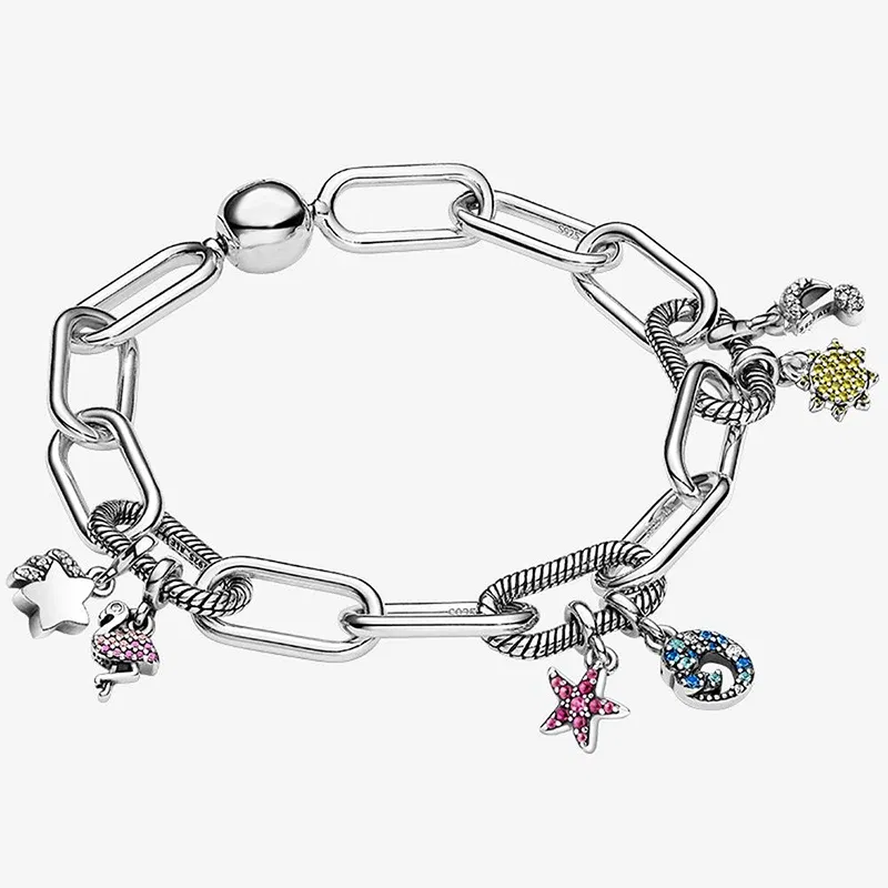 Color: PURPLE - 2022 New 925 Sterling Silver My Love Starfish Flamingo Pendant Charm Fit Original Pandora Me Bracelet DIY Bead Jewelry For Women