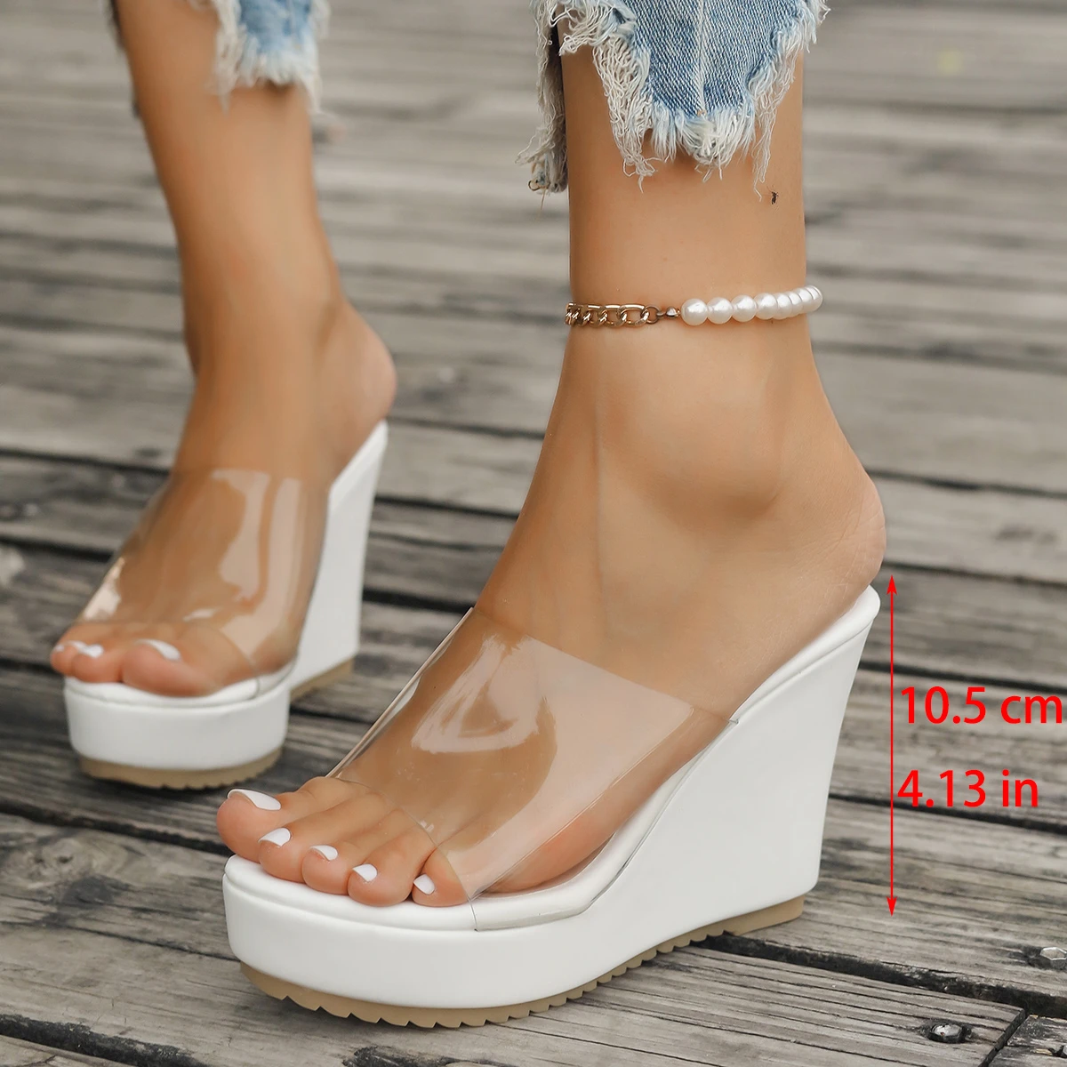 Color: WHITE, Shoe Size: 41 - 2024 Women Sandals New Casual Heels Woman Transparent Platform Wedges Non-slip Shoes Ladies Summer High Heel Large Size 35~43