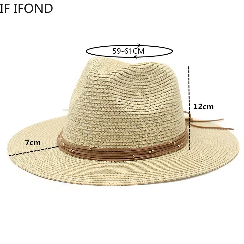 Color: GRAY, Size: L - Big Size 60CM New Straw Hat 7cm Brim Summer Cooling Beach Sun Hat Outdoor Party Panama Jazz Hat Sombreros De Mujer