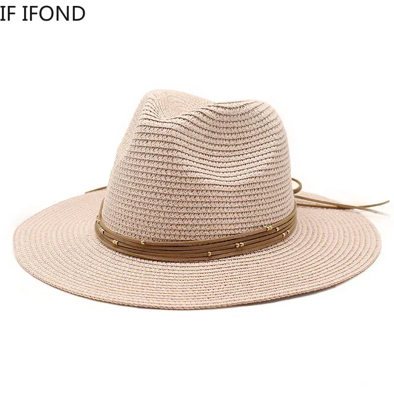 Color: GRAY, Size: L - Big Size 60CM New Straw Hat 7cm Brim Summer Cooling Beach Sun Hat Outdoor Party Panama Jazz Hat Sombreros De Mujer