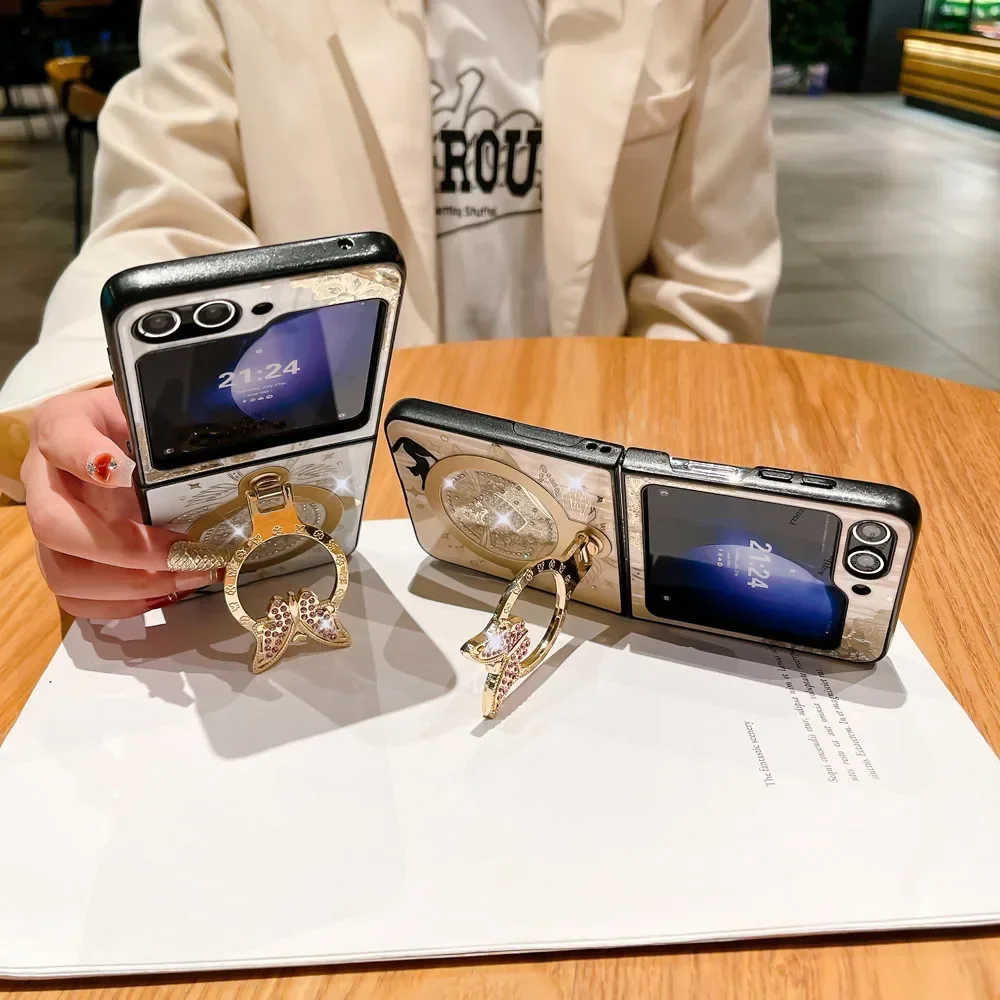 Material: ABS, Color: Gold - For Samsung Galaxy Z Flip 5 4 3 5G MagSafe Magnetic Phone Case Stand Holder Glitter Bling Diamond 3D Ring Cover For Z Flip5 4 5G