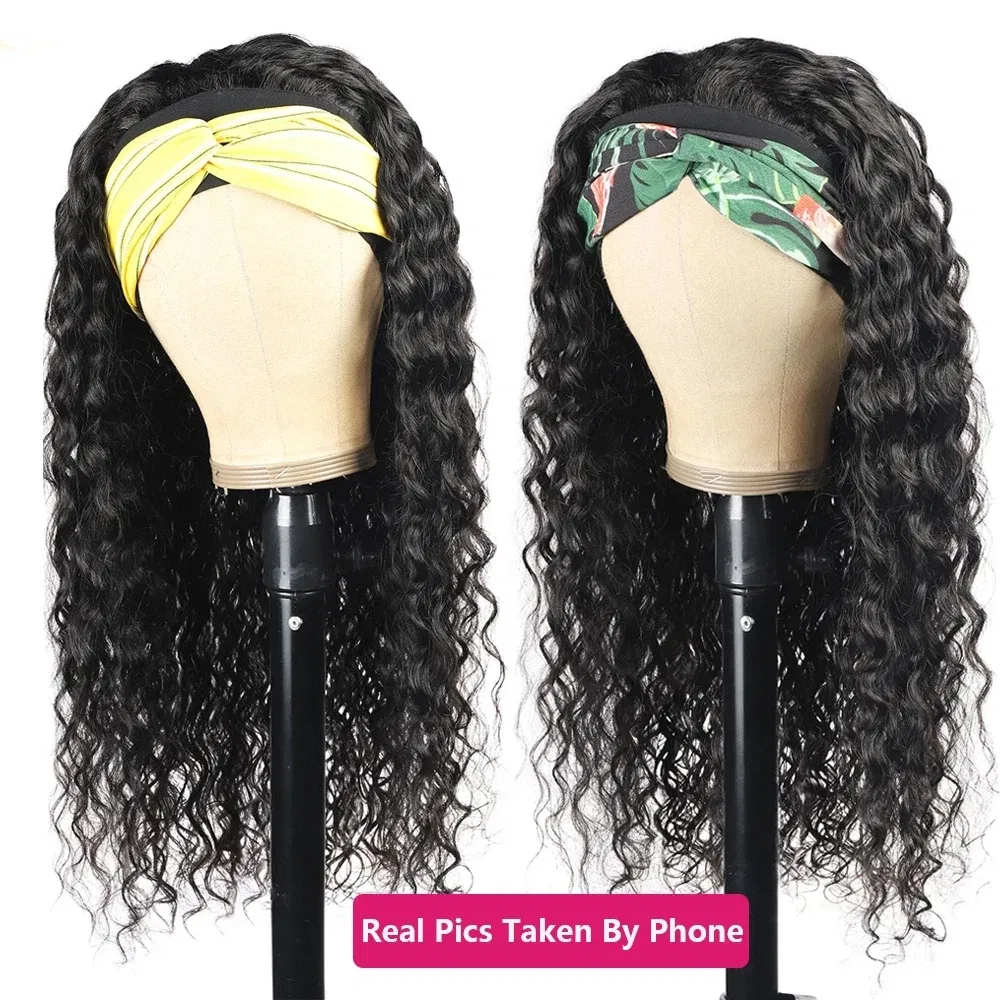 Stretched Length: 20inches, Density: 180% - Deep Wave Headband Wig Indian Human Hair Full Machine Made Wigs 200 Density For Women Easy Go Water Scarf Wigs 12-24 Inch Wig