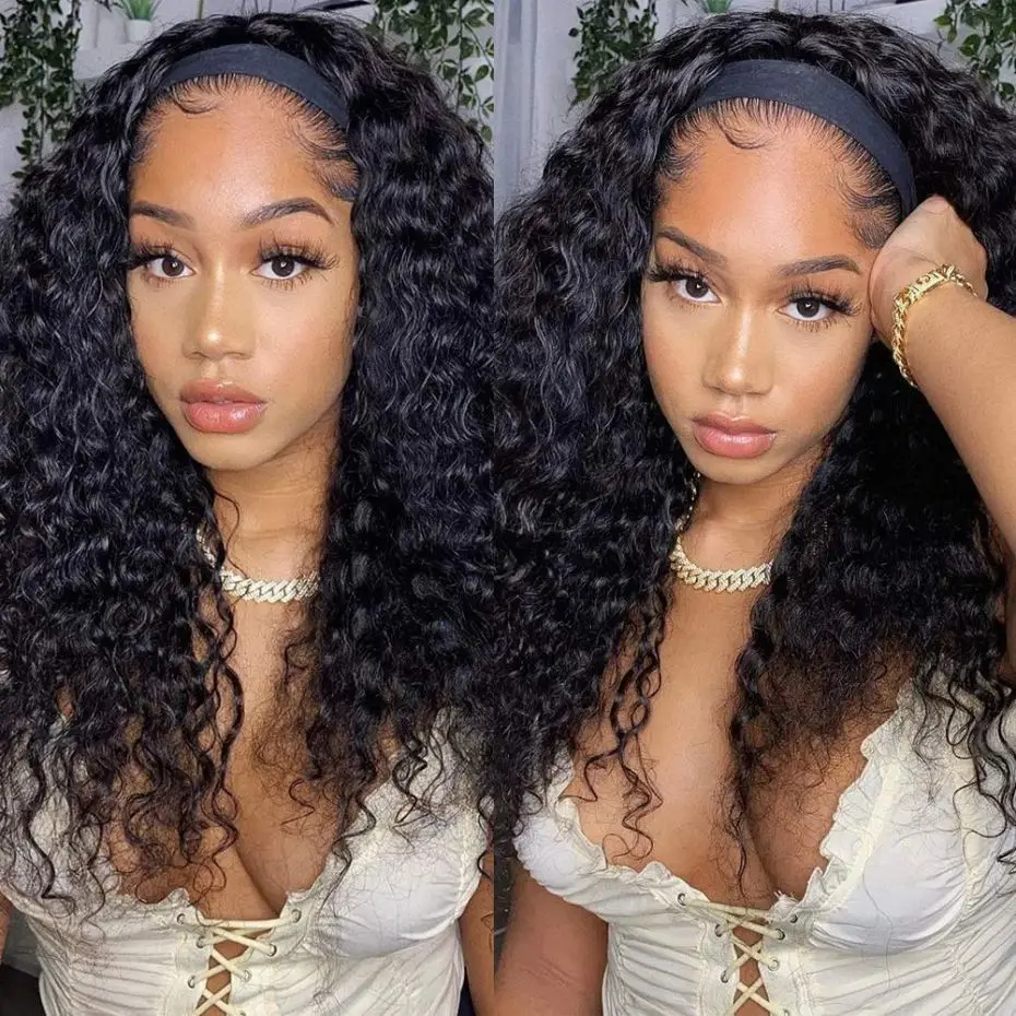 Stretched Length: 20inches, Density: 180% - Deep Wave Headband Wig Indian Human Hair Full Machine Made Wigs 200 Density For Women Easy Go Water Scarf Wigs 12-24 Inch Wig