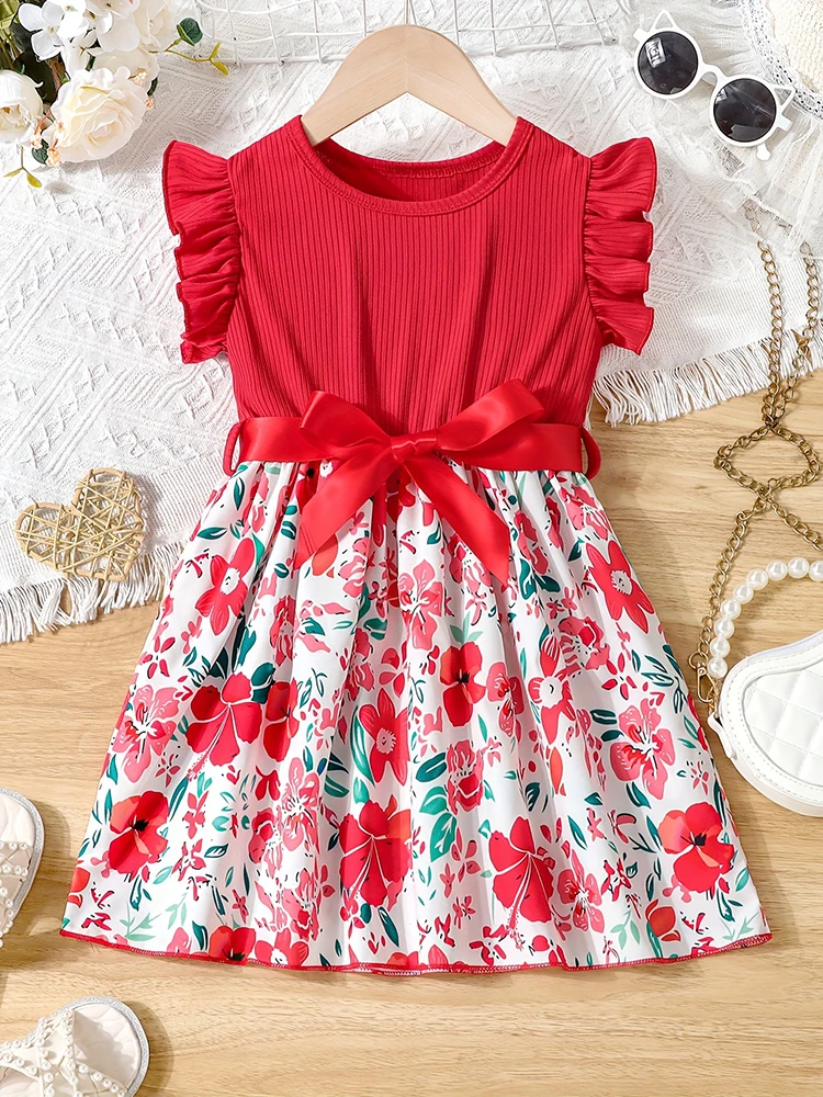 Color: Red, Kid Size: 3T - Sweet Girls Splicing Flower Print Flutter Trim Ribbed Belted Dress