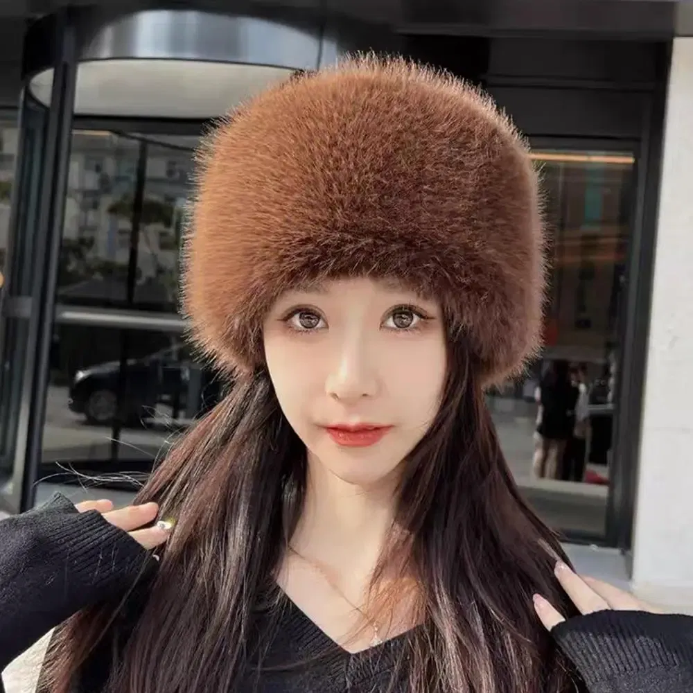 Color: Blue - New Fluffy Fur Women's Winter Hat Winter Snow Ski Cap Female Faux Fur Thick Warm Windproof Hat Russian Hat Mink Fisherman's Hat