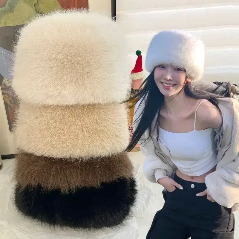 Color: Blue - New Fluffy Fur Women's Winter Hat Winter Snow Ski Cap Female Faux Fur Thick Warm Windproof Hat Russian Hat Mink Fisherman's Hat