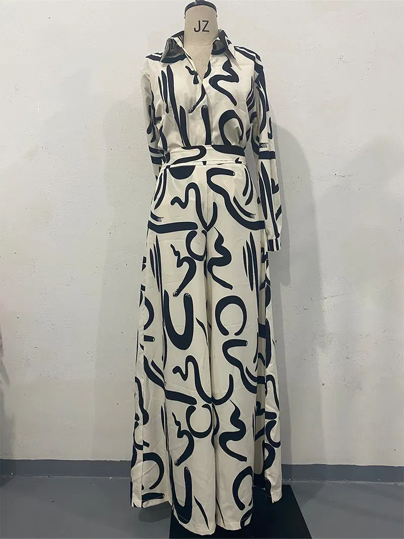 Color: WHITE, Size: M - Womens Jumpsuits Streetwear High Waisted Casual Floral Loose Fitting Long Sleeved Conjoined Body Wide Leg Pants Summer 2024 New