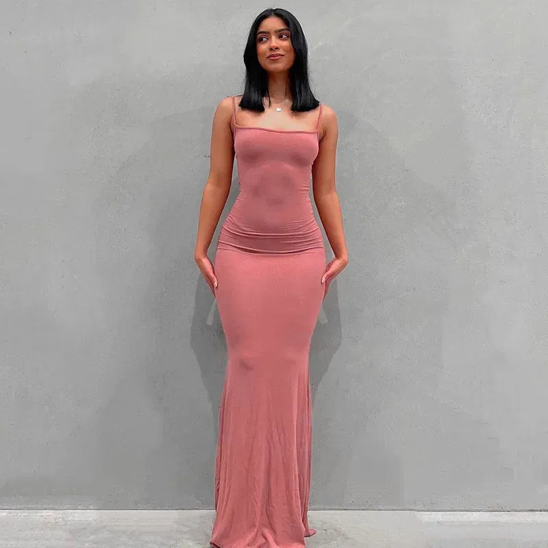 Color: Pink, Size: L - Satin Slip Sleeveless Backless Maxi Dress Women 2023 Y2K Summer Bodycon Elegant Sexy Outfits Ladies Birthday Party Club Sundress