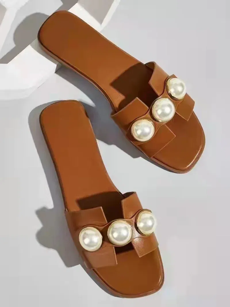 Color: black, Shoe Size: 40 - Slippers Women 2025 New Flat Slippers Party Shoes Fashion Pearl Sandals Slippers Roman Women Flip-Flops Casual Beach Shoes Trend