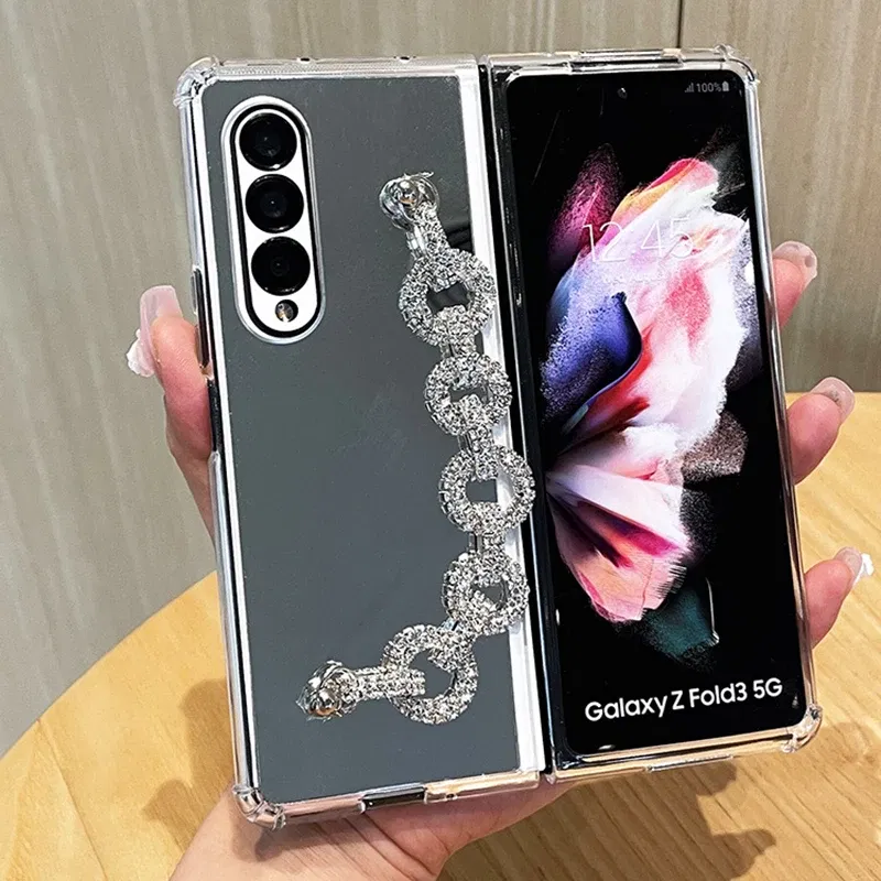 Color: Beige, Material: EVA - Luxury Rhinestone Bracelet Phone Cover For Samsung Galaxy Z Fold 6 5 4 3 Makeup Mirror Soft TPU Frame Shockproof Case For Woman