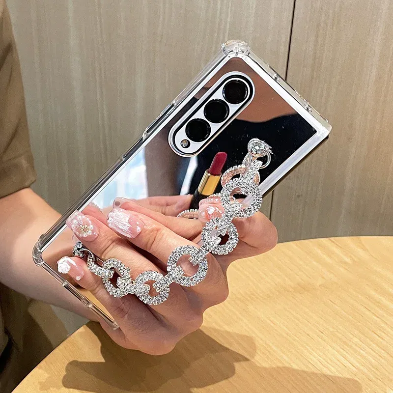 Color: Beige, Material: EVA - Luxury Rhinestone Bracelet Phone Cover For Samsung Galaxy Z Fold 6 5 4 3 Makeup Mirror Soft TPU Frame Shockproof Case For Woman
