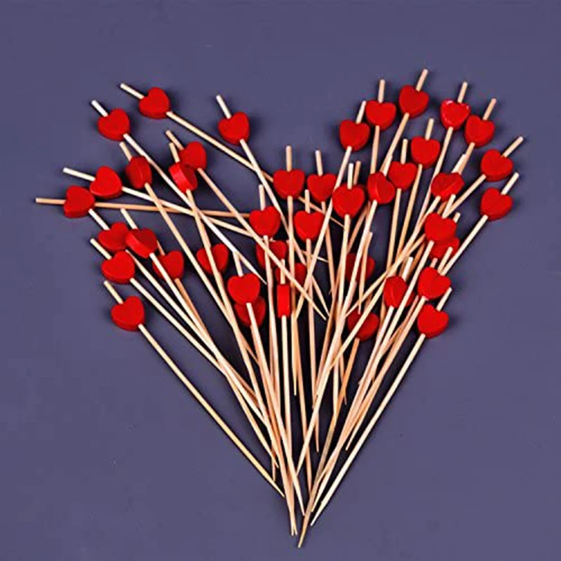 Color: Red - 100 Pack Of 12cm Love Fruit Skewers Disposable Platters Sushi Burgers Cocktails Snacks Bamboo Skewers