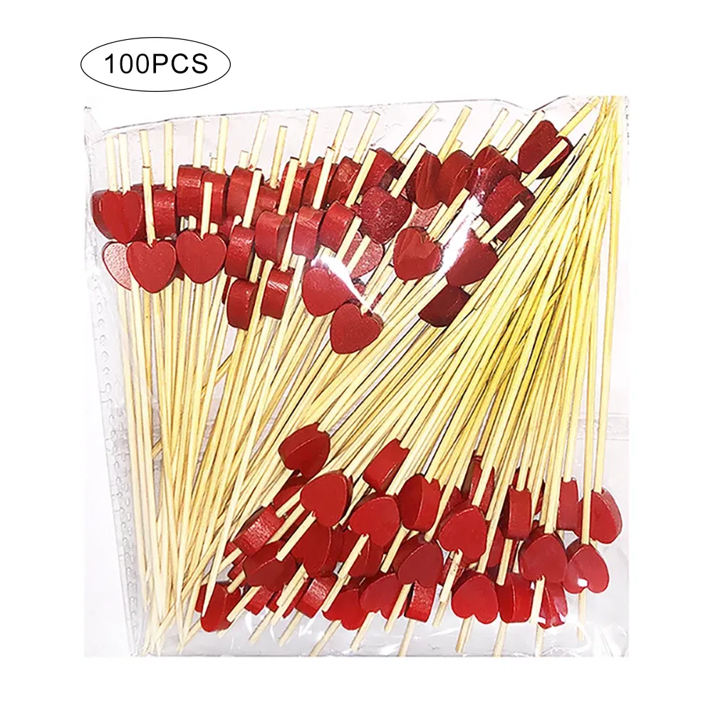Color: Red - 100 Pack Of 12cm Love Fruit Skewers Disposable Platters Sushi Burgers Cocktails Snacks Bamboo Skewers