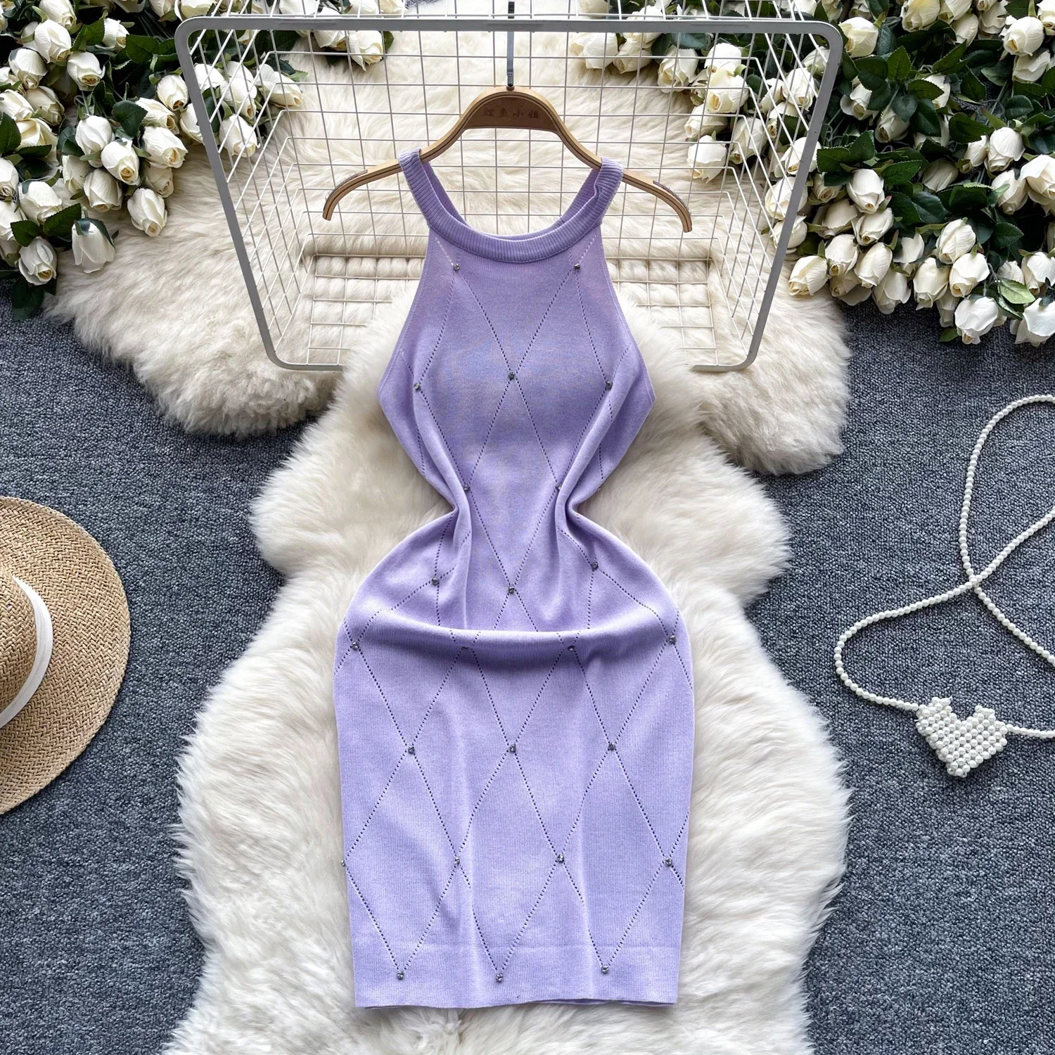 Color: Dark Purple, Size: One Size - Beading Halter Women's Knitting Sheath Tank Dress Female Bodycon Knitted Camisole Sleeveless Mini Dresses For Woman Outfits