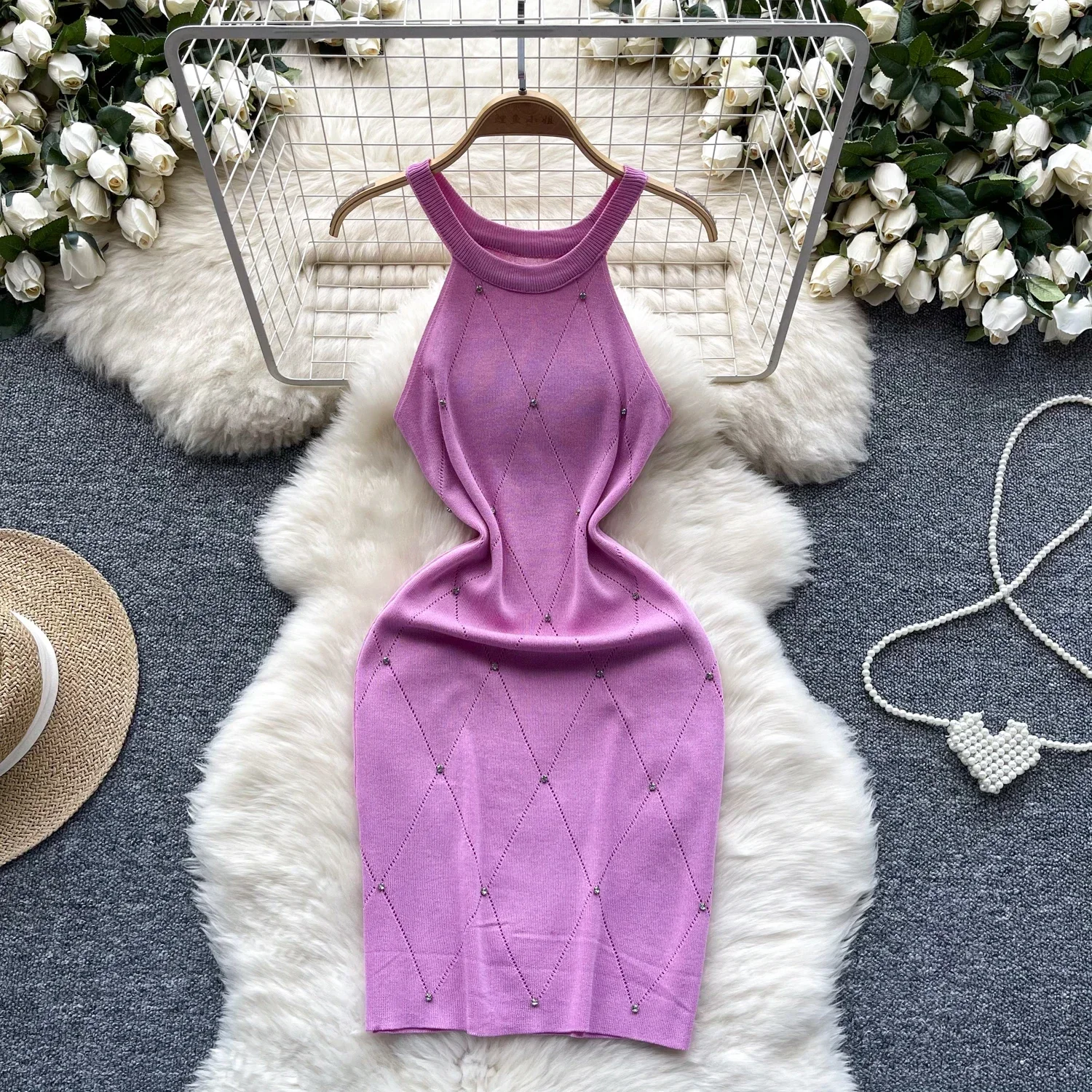 Color: Dark Purple, Size: One Size - Beading Halter Women's Knitting Sheath Tank Dress Female Bodycon Knitted Camisole Sleeveless Mini Dresses For Woman Outfits