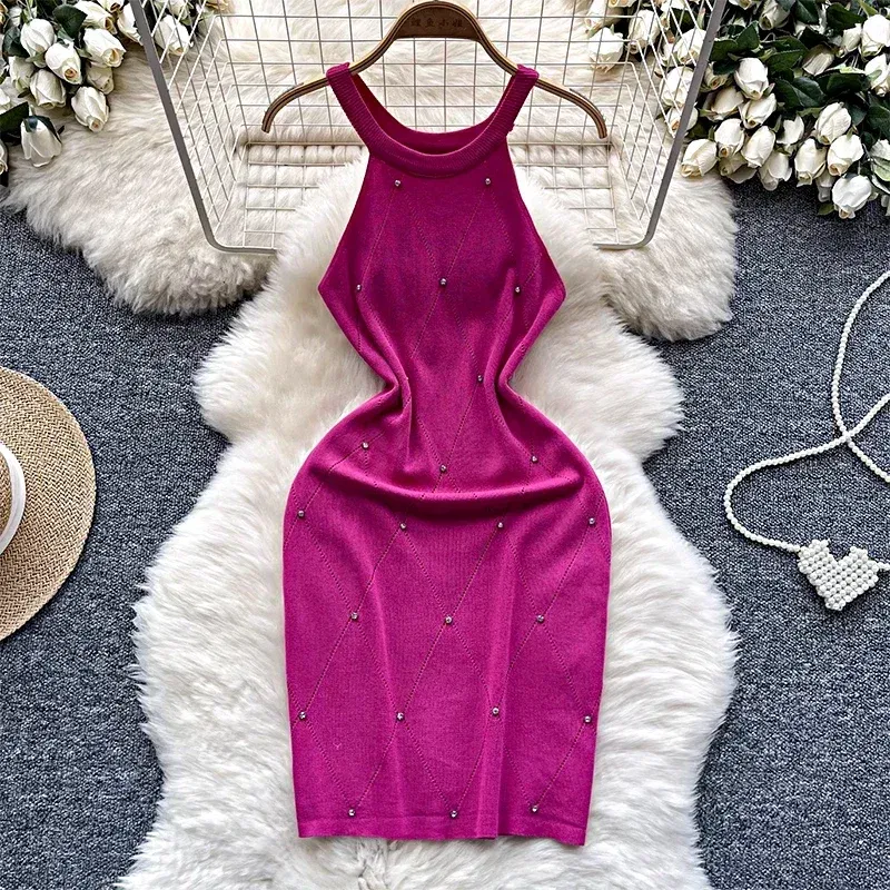 Color: Dark Purple, Size: One Size - Beading Halter Women's Knitting Sheath Tank Dress Female Bodycon Knitted Camisole Sleeveless Mini Dresses For Woman Outfits