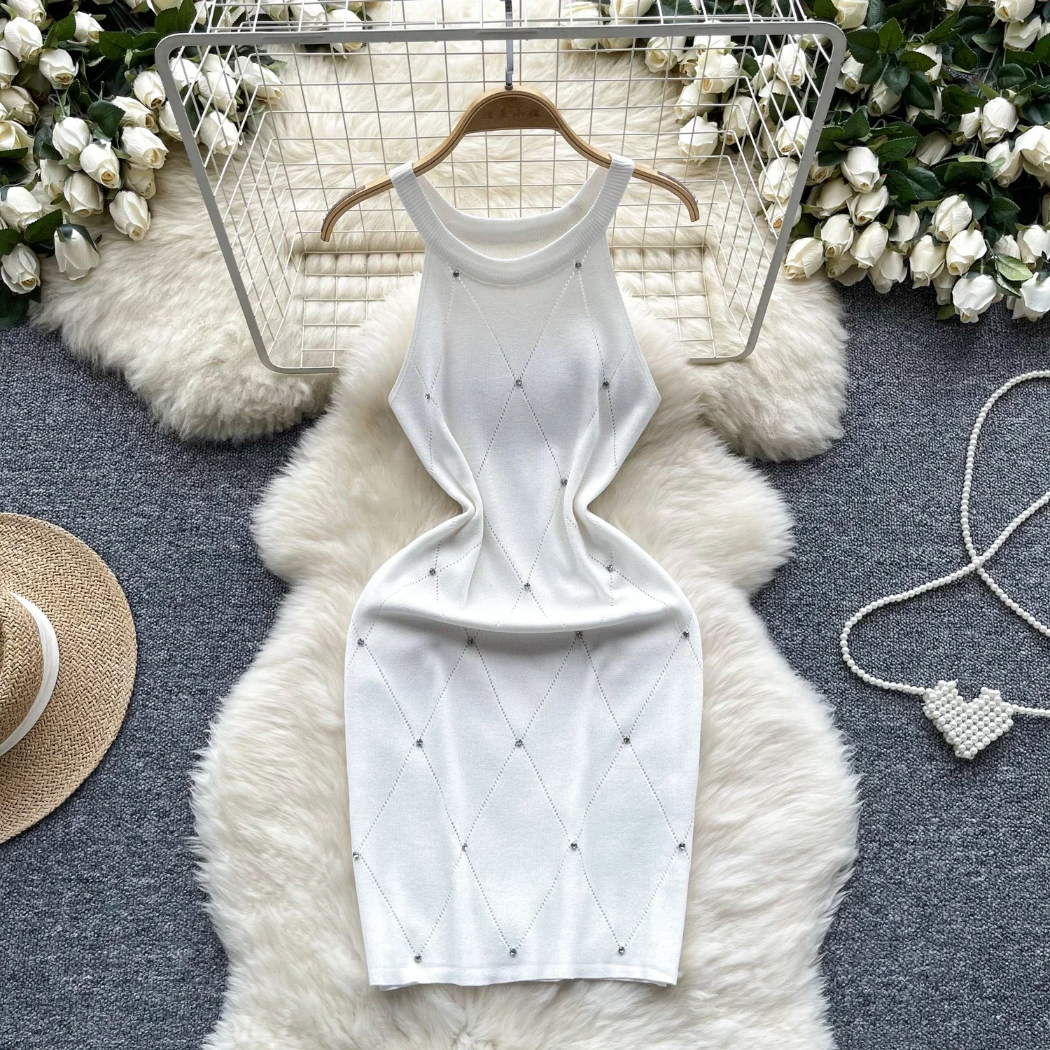 Color: Dark Purple, Size: One Size - Beading Halter Women's Knitting Sheath Tank Dress Female Bodycon Knitted Camisole Sleeveless Mini Dresses For Woman Outfits
