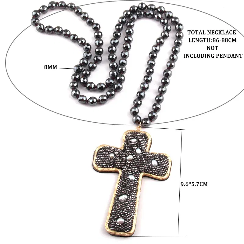 Metal Color: Rhodium Plated, Length: 90cm - Fashion Bohemian Jewelry Faceted Hematite Stone Knotted Crystal Paved Pearl decoration Cross Pendant Necklaces