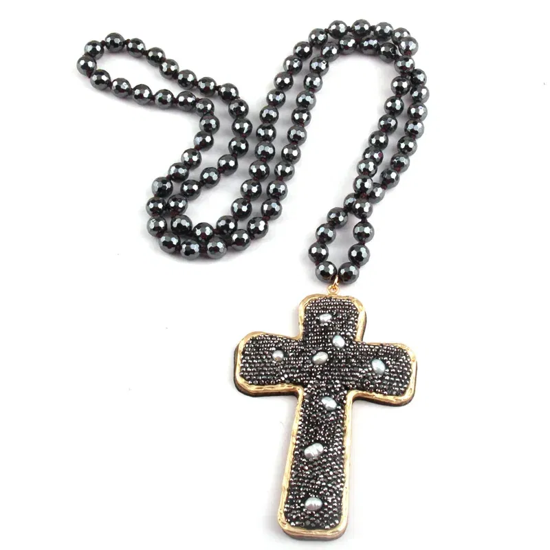 Metal Color: Rhodium Plated, Length: 90cm - Fashion Bohemian Jewelry Faceted Hematite Stone Knotted Crystal Paved Pearl decoration Cross Pendant Necklaces