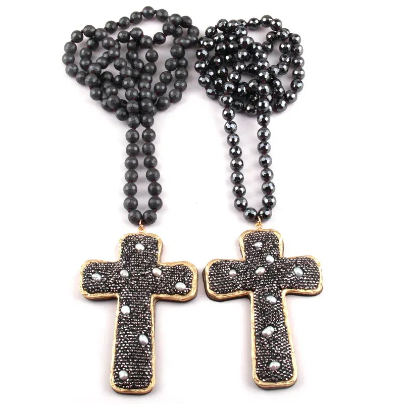 Metal Color: Rhodium Plated, Length: 90cm - Fashion Bohemian Jewelry Faceted Hematite Stone Knotted Crystal Paved Pearl decoration Cross Pendant Necklaces