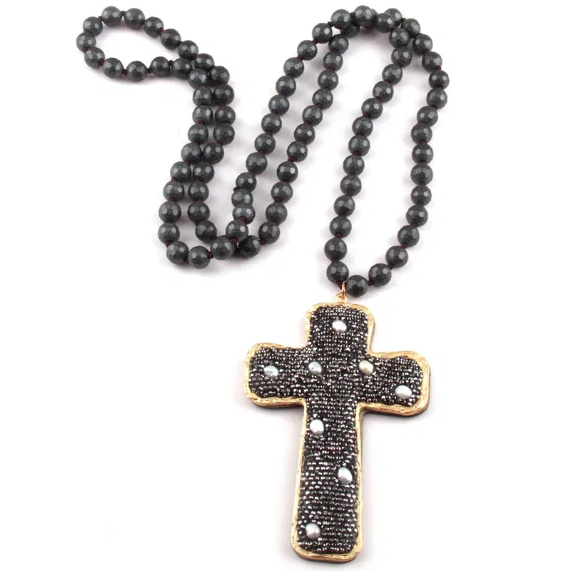 Metal Color: Rhodium Plated, Length: 90cm - Fashion Bohemian Jewelry Faceted Hematite Stone Knotted Crystal Paved Pearl decoration Cross Pendant Necklaces