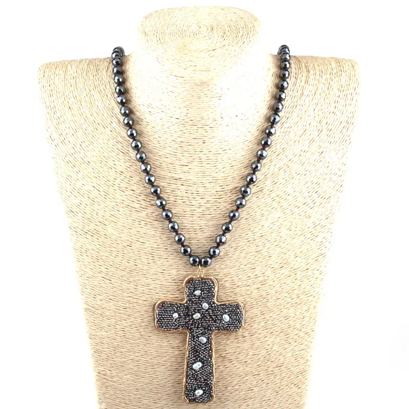 Metal Color: Rhodium Plated, Length: 90cm - Fashion Bohemian Jewelry Faceted Hematite Stone Knotted Crystal Paved Pearl decoration Cross Pendant Necklaces