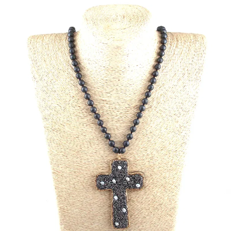 Metal Color: Rhodium Plated, Length: 90cm - Fashion Bohemian Jewelry Faceted Hematite Stone Knotted Crystal Paved Pearl decoration Cross Pendant Necklaces