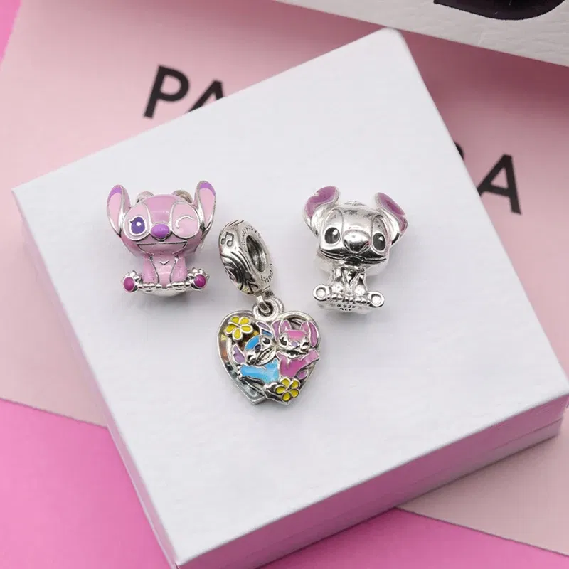 Gem Color: WHITE - S925 Silver Jewelry Stitch and Angel Charms Disney Series Bead 1:1 Model with Logo Fit Pandora Bracelet Women Diy Making Jewelry