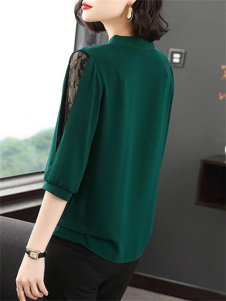 Color: black, Size: M - Women Spring Summer Style Blouses Tops Lady Casual Bow Tie Colloar Half Lace Sleeve Loose Blusas Tops DF4275