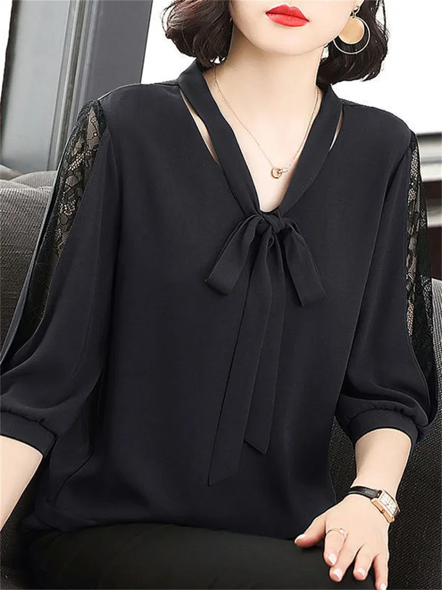 Color: black, Size: M - Women Spring Summer Style Blouses Tops Lady Casual Bow Tie Colloar Half Lace Sleeve Loose Blusas Tops DF4275