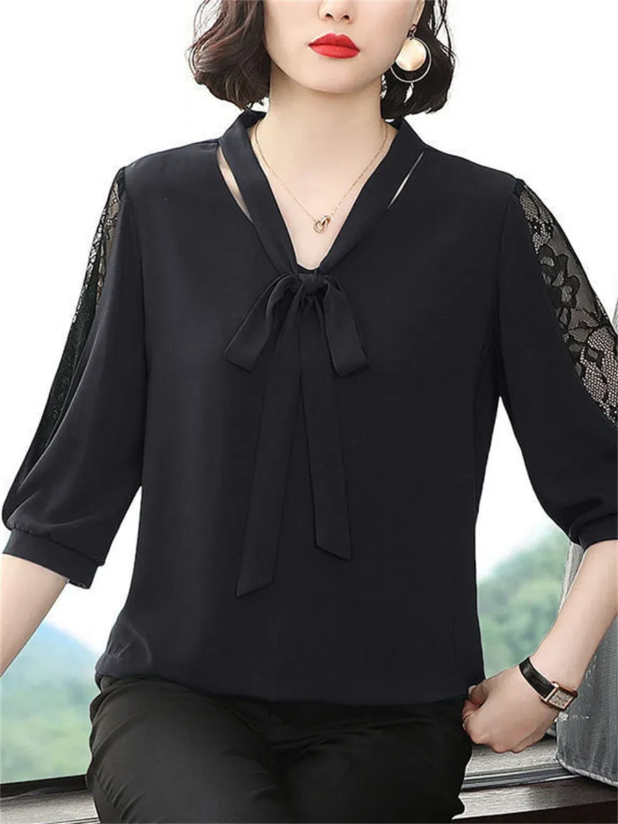 Color: black, Size: M - Women Spring Summer Style Blouses Tops Lady Casual Bow Tie Colloar Half Lace Sleeve Loose Blusas Tops DF4275