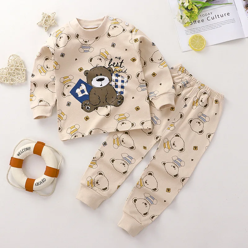 Color: green, Kid Size: 5t - Cotton Boys Girls Sleepwear Suits Autumn Spring Newborn Underclothes 2pcs Kids Clothes Set Toddler Kids Pajamas