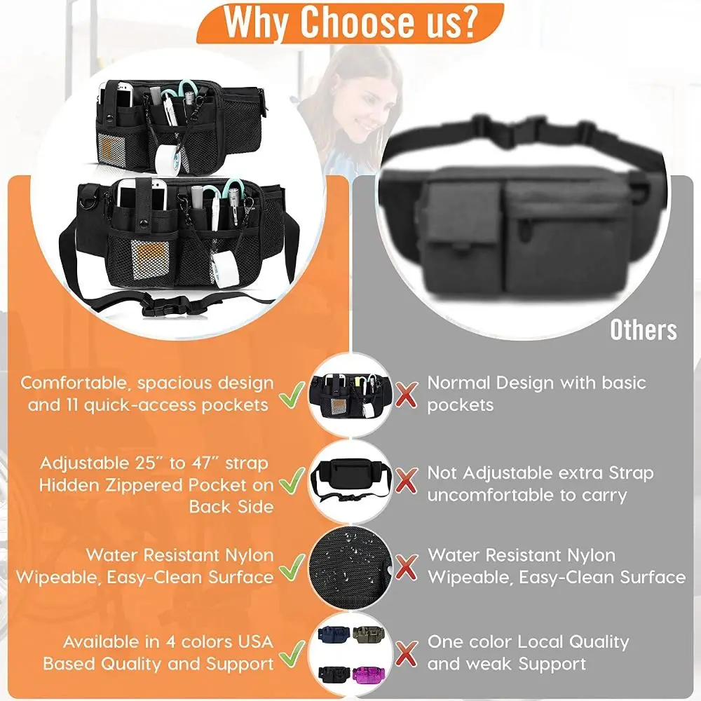 Color: Brown - Adjustable Nurse Fanny Pack Portable Large Capacity Polyester Nurse Pouch Waist Bag Multi Compartment Pocket Belt Organizer