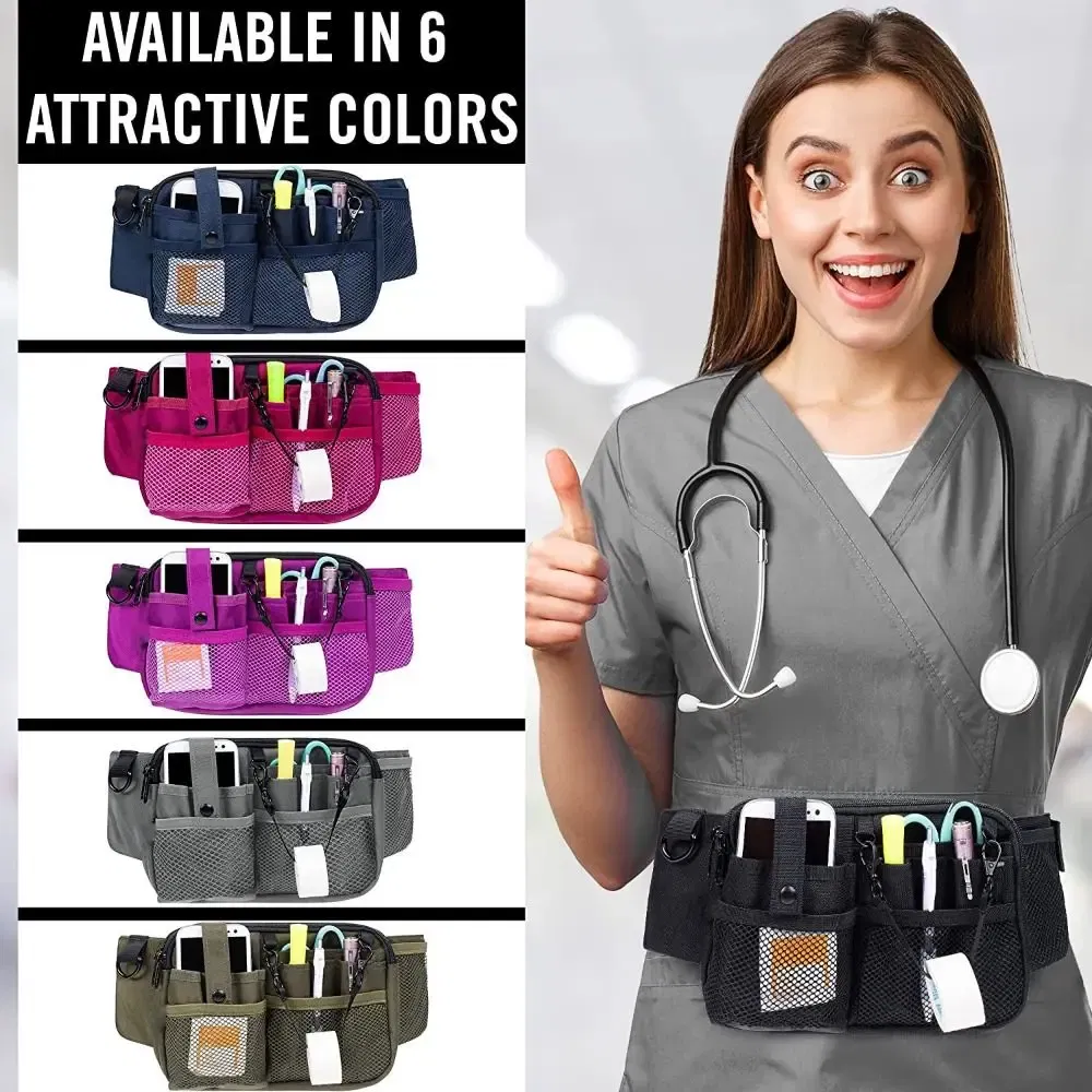Color: Brown - Adjustable Nurse Fanny Pack Portable Large Capacity Polyester Nurse Pouch Waist Bag Multi Compartment Pocket Belt Organizer