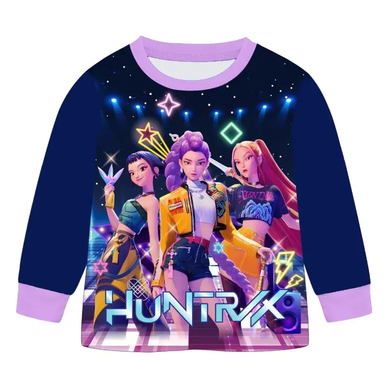 Color: black, Size: 14cm - 2pcs Movie K-pops Demons Hunters Kawaii Pajamas Set Girl Cosplay Nightwears Anime Long Sleeve tops+Pants Fans Halloween Gift