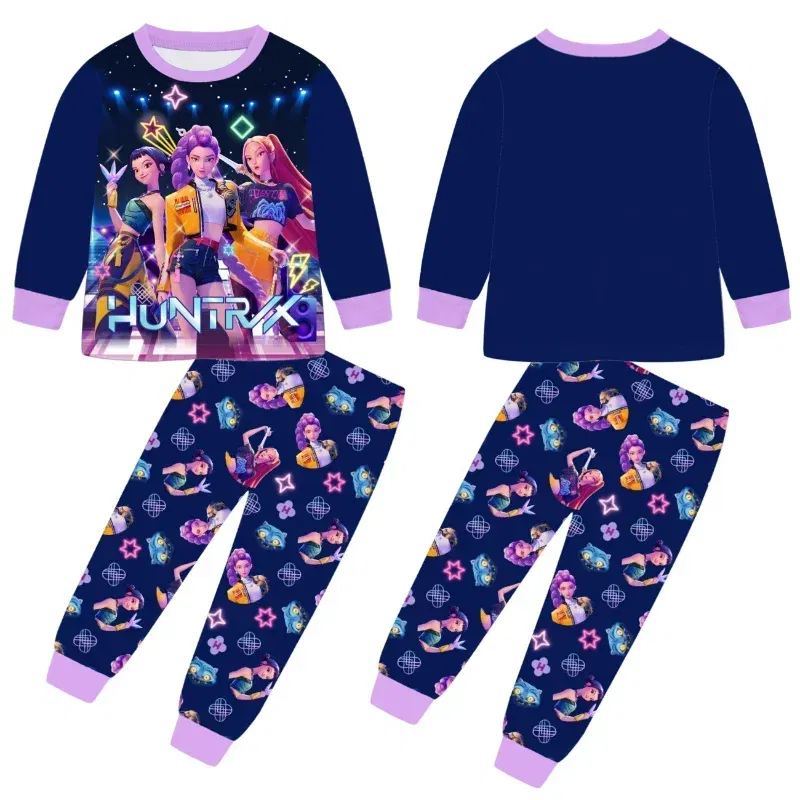 Color: black, Size: 14cm - 2pcs Movie K-pops Demons Hunters Kawaii Pajamas Set Girl Cosplay Nightwears Anime Long Sleeve tops+Pants Fans Halloween Gift