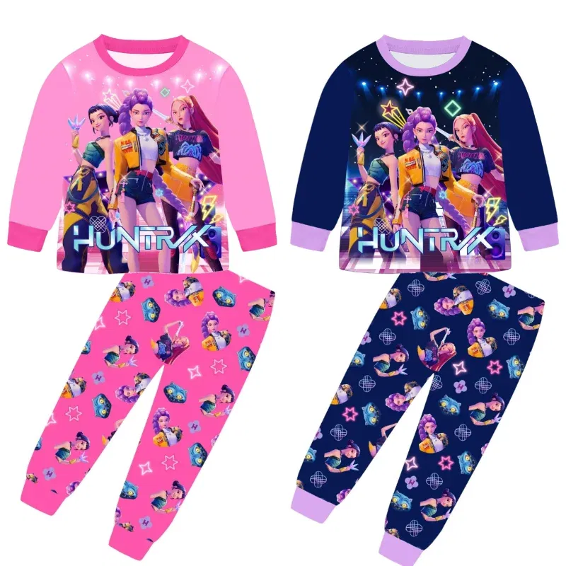 Color: black, Size: 14cm - 2pcs Movie K-pops Demons Hunters Kawaii Pajamas Set Girl Cosplay Nightwears Anime Long Sleeve tops+Pants Fans Halloween Gift